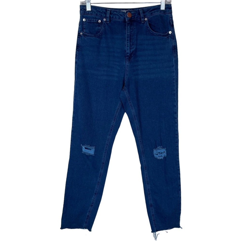 ASOS High Rise Raw Hem Distressed Ankle Crop Dark Blue Denim Jeans US Size 2